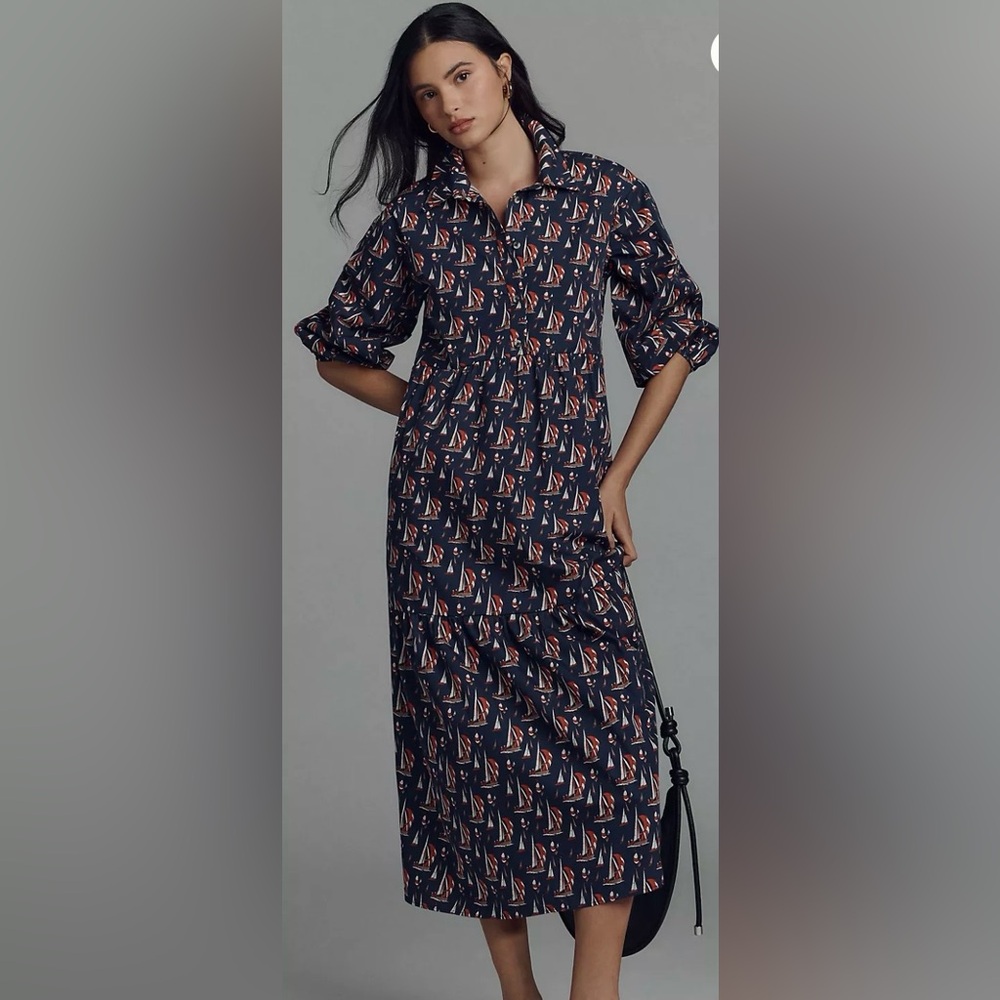 Maeve Navy Sailboat Print Long-Sleeve Midi Dress